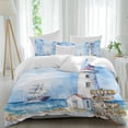 thumbnail image 1 of 3 Piece Nautical Blue Duvet Cover Set Queen Size,Microfiber Comforter/Quilt Cover with Corner Ties and 2 Pillowcases,Lighthouse Ocean Sailboat Summer Painting All Season Bedding with Zipper Closure, 1 of 8