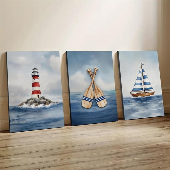 3-Piece Nautical Style Wall Art Set Ocean Theme Lighthouse, Sailboat, and Oars Waterproof Pine Poster Home Office Bedroom Living Room Decoration Frameless Maritime Art