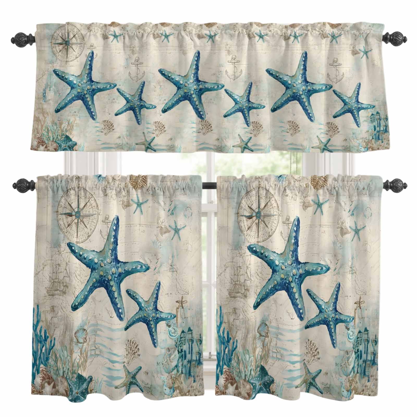 Window Map Rod 3 Piece Nautical Teal Starfish Kitchen Curtain Valance and Tiers Set ...