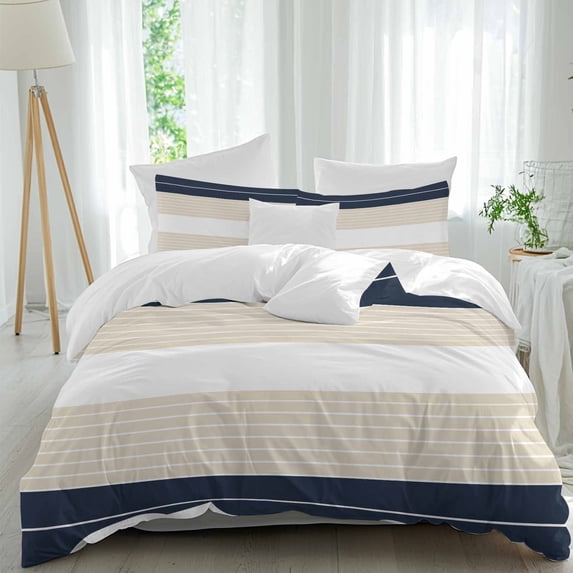 3 Piece Navy Beige Striped Duvet Cover Set Full Size, Microfiber Comforter/Quilt Cover with Corner Ties and 2 Pillowcases, Gradient Geometric Blue White All Season Soft Bedding with Zipper Closure