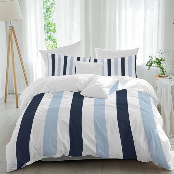 3 Piece Navy Blue Aqua Striped Duvet Cover Set California King, Microfiber Comforter/Quilt Cover with Corner Ties and 2 Pillowcases, Farmhouse Stripe Art All Season Soft Bedding with Zipper Closure