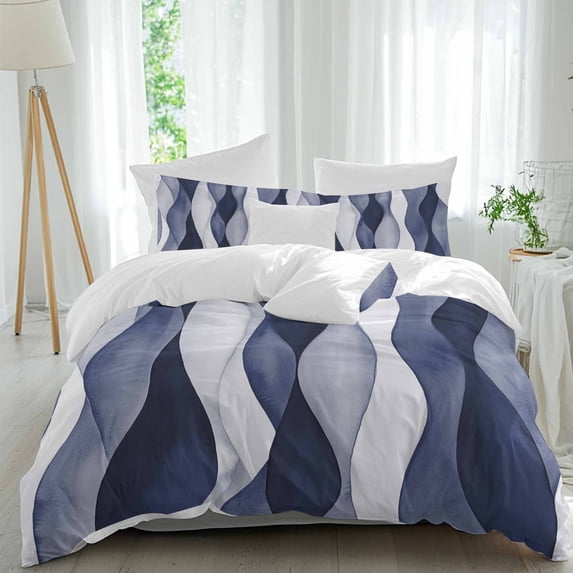 3 Piece Navy Blue Duvet Cover Set Queen Size, Microfiber Comforter/Quilt Cover with Corner Ties and 2 Pillowcases, Modern Moire Abstract Ripple Geometric All Season Soft Bedding with Zipper Closure