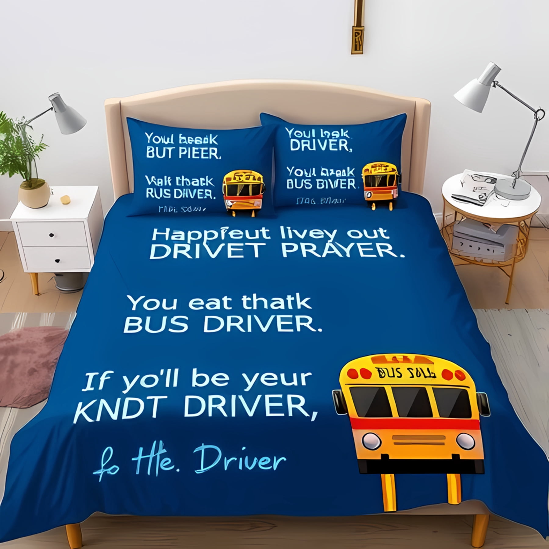 School Bus Pattern Print Duvet Cover Bedding Set