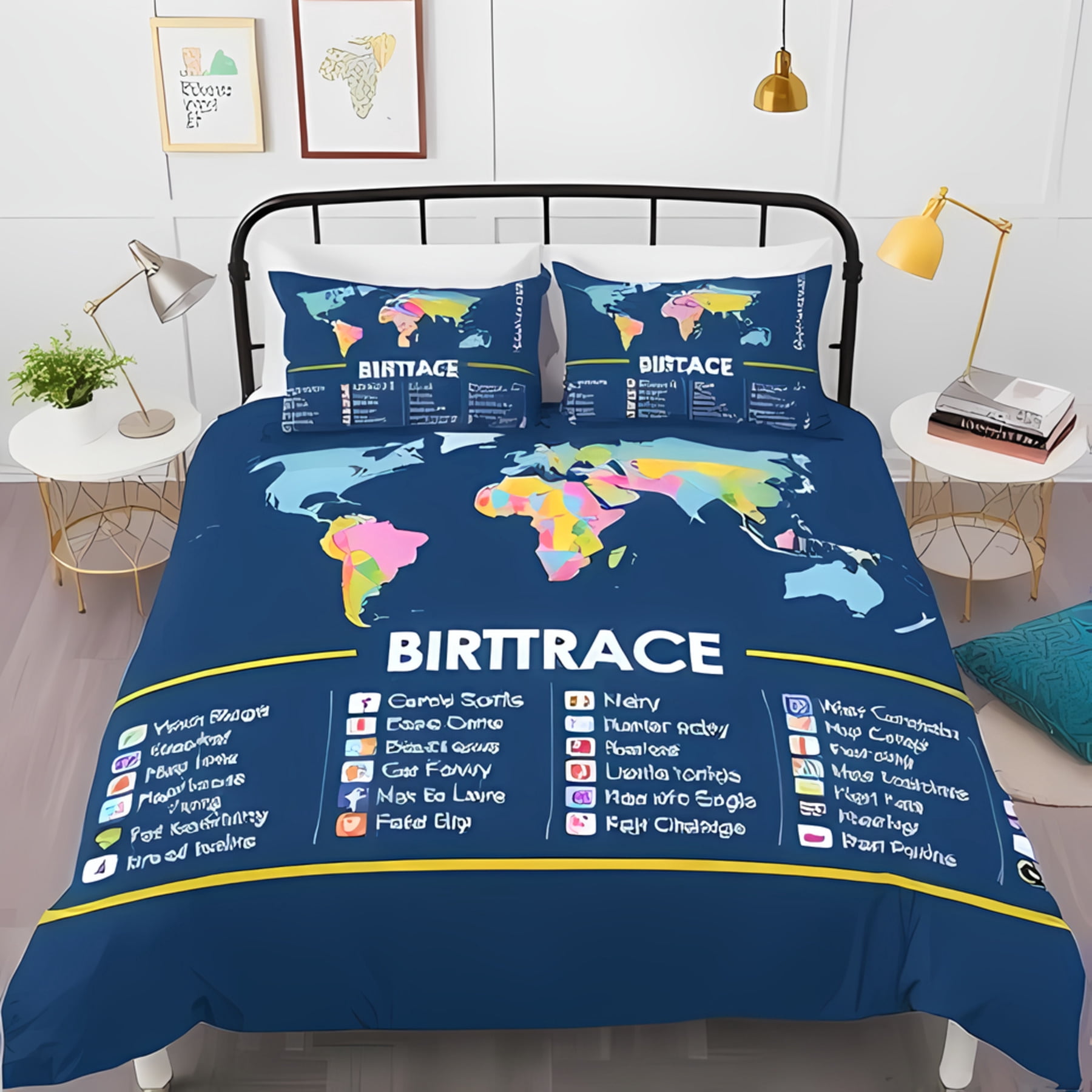 3-Piece Navy Blue Duvet Cover Set with Colorful World Map Design ...