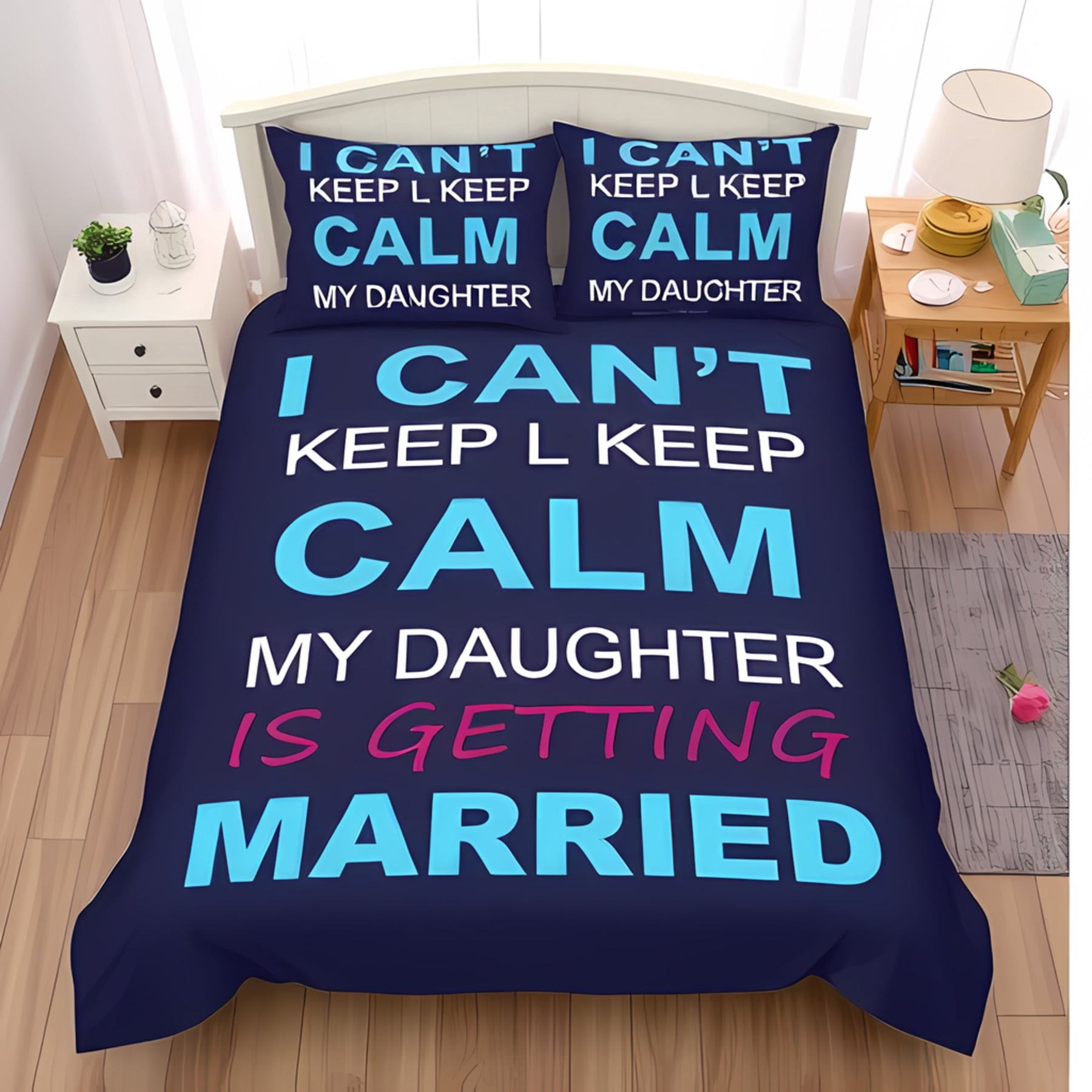 3-Piece Navy Blue Duvet Cover Set with " I CAN'T KEEP CALM MY DAUGHTER