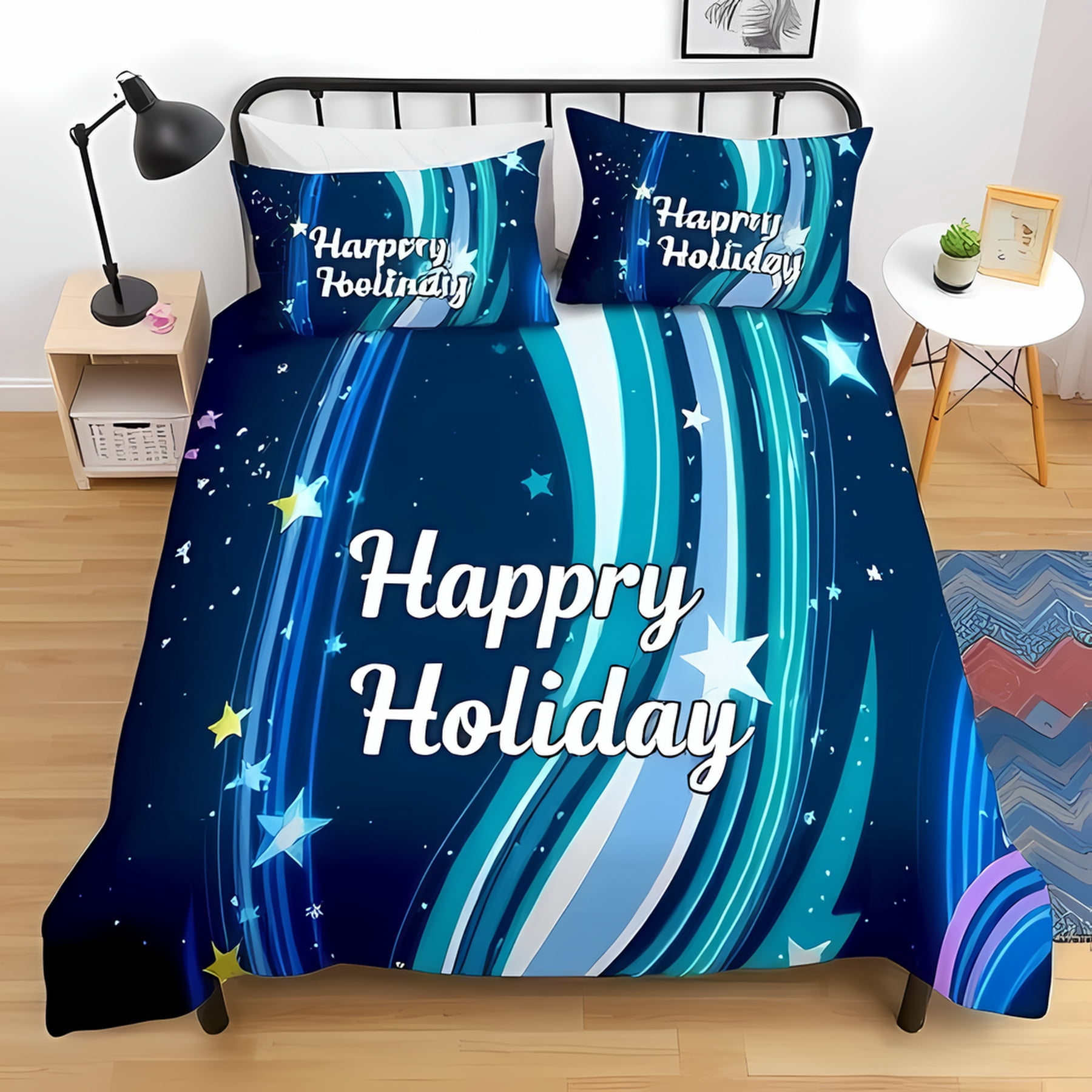 3-Piece Navy Blue Duvet Cover Set with Teal Shooting Stars & "Happy ...