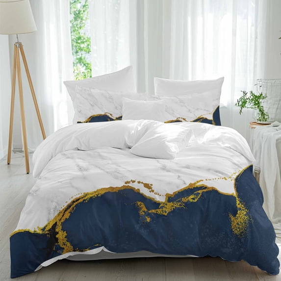 3 Piece Navy Blue Gold Marble Duvet Cover Set Queen Size,Microfiber Comforter/Quilt Cover with Corner Ties and 2 Pillowcases,Modern Abstract Marble Crack Texture Soft Bedding with Zipper Closure