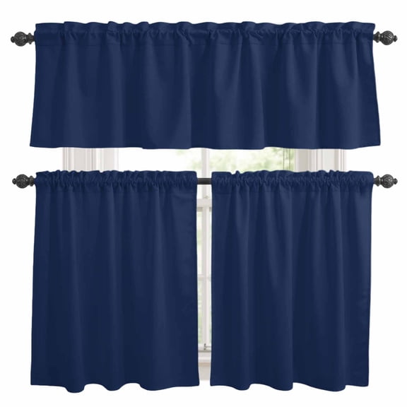 3 Piece Navy Blue Kitchen Curtain Valance and Tiers Set Solid Color Rod Pocket Tier Curtain 24 Inch Small Window Drapes for Living Room Bedroom Cafe Home Decor