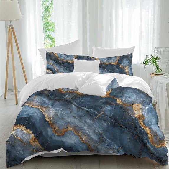 3 Piece Navy Blue Marble Duvet Cover Set California King,Microfiber Comforter/Quilt Cover with Corner Ties and 2 Pillowcases,Modern Art Contemporary Yellow All Season Soft Bedding with Zipper Closure