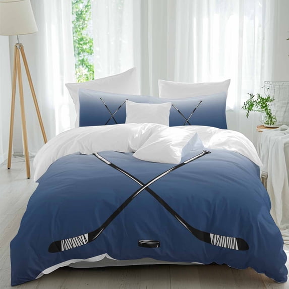 3 Piece Navy Blue Ombre Duvet Cover Set Twin Size,Microfiber Comforter/Quilt Cover with Corner Ties and 2 Pillowcases,Black Hockey Sticks Minimalist Style All Season Soft Bedding with Zipper Closure