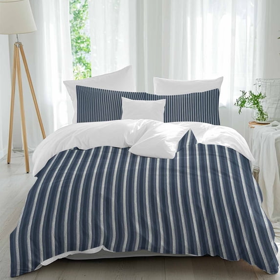 3 Piece Navy Blue Striped Duvet Cover Set Full Size, Microfiber Comforter/Quilt Cover with Corner Ties and 2 Pillowcases, Modern Abstract Art Aesthetics All Season Soft Bedding with Zipper Closure