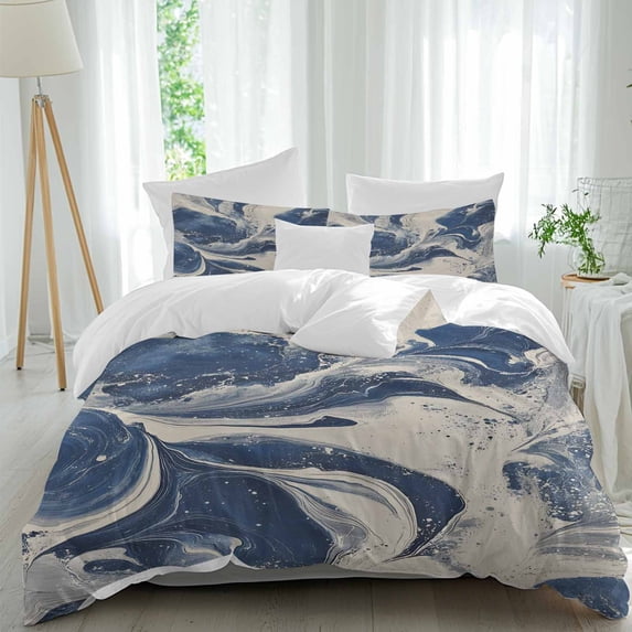 3 Piece Navy White Duvet Cover Set Full Size, Microfiber Comforter/Quilt Cover with Corner Ties and 2 Pillowcases, Marble Modern Artwork All Season Soft Bedding with Zipper Closure