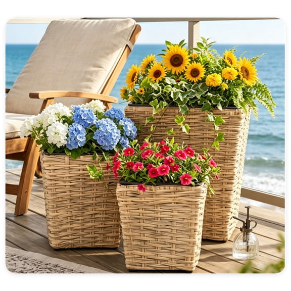 3-Piece Nested Rattan Planter Set UV Resistant PP Wicker Plant Boxes with Removable Liners & Drainage Holes Indoor Outdoor Garden Patio Flower Pots Natural Black