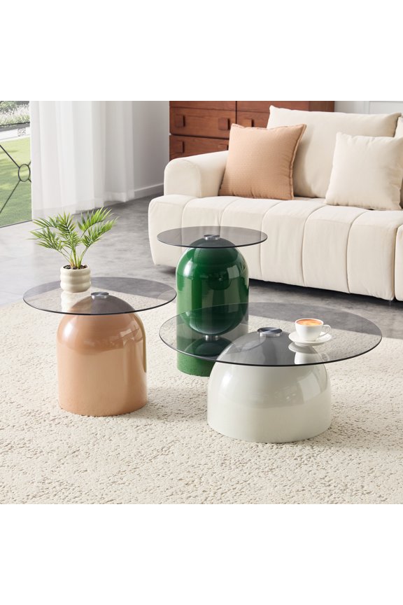 3-Piece Nesting Coffee Table Set with Glass Top & Colored Base, Modern Circle Side Table, Space-Saving Center Table for Living Room, Office, Easy Assembly