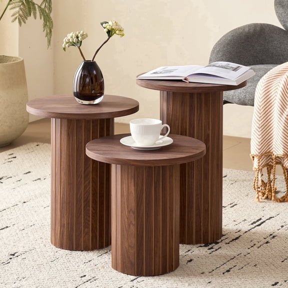 3-Piece Nesting Coffee Table Set, Modern Small Round Wood Side Tables, Fluted Drum Base, for Living Room, Bedroom, Apartment, Small Space, Sofa, Brown