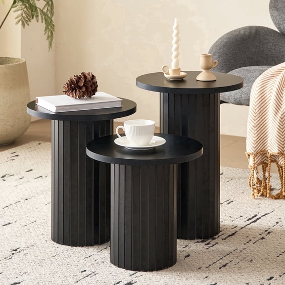 3-Piece Nesting Coffee Table Set, Modern Small Round Wood Side Tables, Fluted Drum Base, for Living Room Bedroom Apartment Small Space, Black