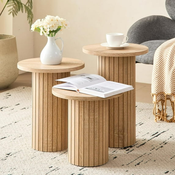 3-Piece Nesting Coffee Table Set, Modern Small Round Wood Side Tables, Fluted Drum Base, for Living Room Bedroom Apartment Small Space, Natual