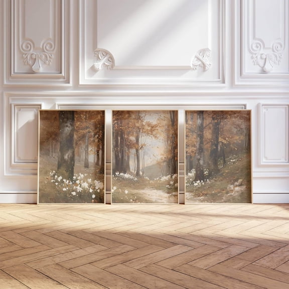 3 Piece Neutral Autumn Forest Poster Set Triptych Rustic Fall Countryside Art Vintage Vertical Landscape Farmhouse Decor, Poster Only