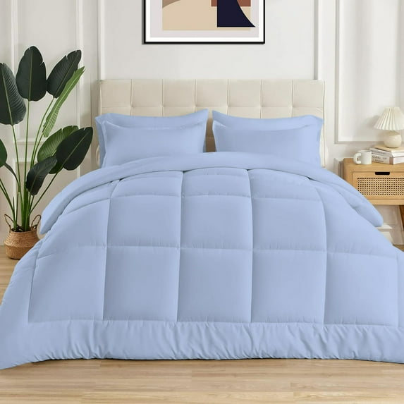 3 Piece New Fluffy Pattern Comforter Set, 800 TC, 100% Egyptian Cotton, Full/Queen Size Light Blue Solid