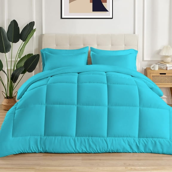 3 Piece New Fluffy Pattern Comforter Set, 800 TC, 100% Egyptian Cotton, Twin/Twin XL Size Turquoise Blue Solid