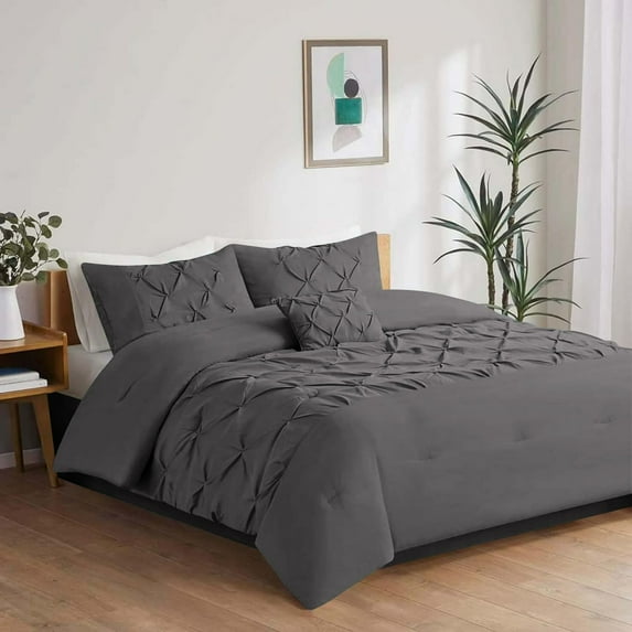 3 Piece New Half Pinch Pleated Pattern Comforter Set, 800 TC, 100% Egyptian Cotton, Oversized Super King Size Dark Grey Solid