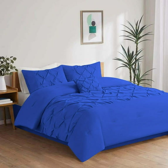 3 Piece New Half Pinch Pleated Pattern Comforter Set, 800 TC, 100% Egyptian Cotton, Oversized Super King Size Royal Blue Solid