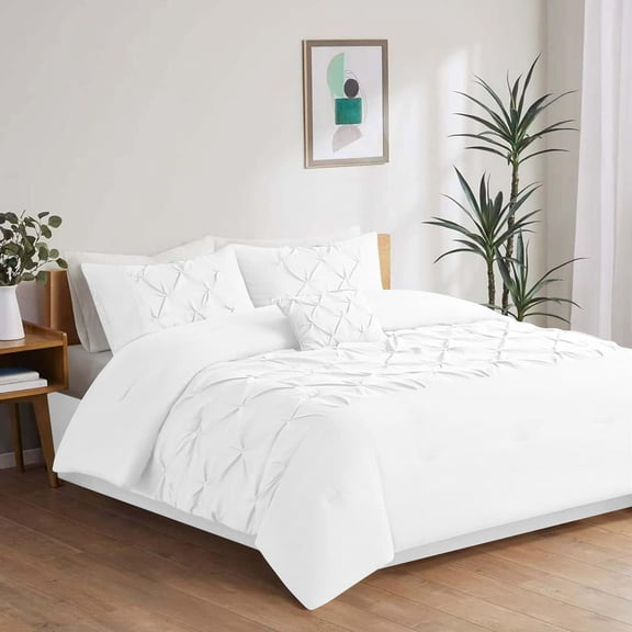 3 Piece New Half Pinch Pleated Pattern Comforter Set, 800 TC, 100% Egyptian Cotton, Super King Size White Solid