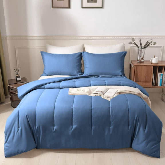 3 Piece New Straight Line Pattern Comforter Set, 800 TC, 100% Egyptian Cotton, Twin/Twin XL Size Medium Blue Solid