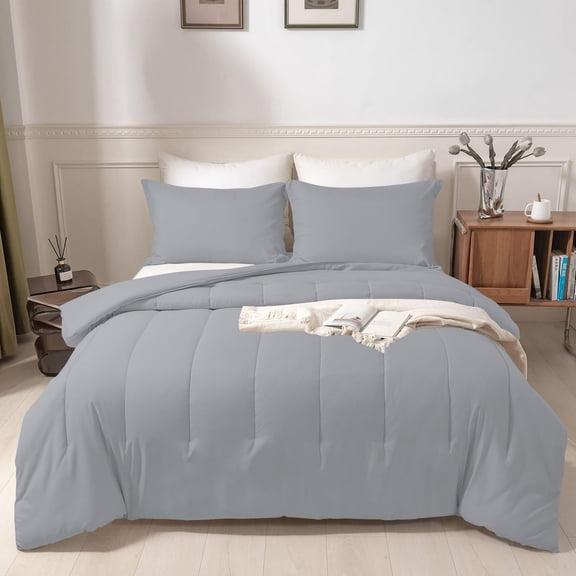 3 Piece New Straight Line Pattern Comforter Set, 800 TC, 100% Egyptian Cotton, Twin/Twin XL Size Silver Solid