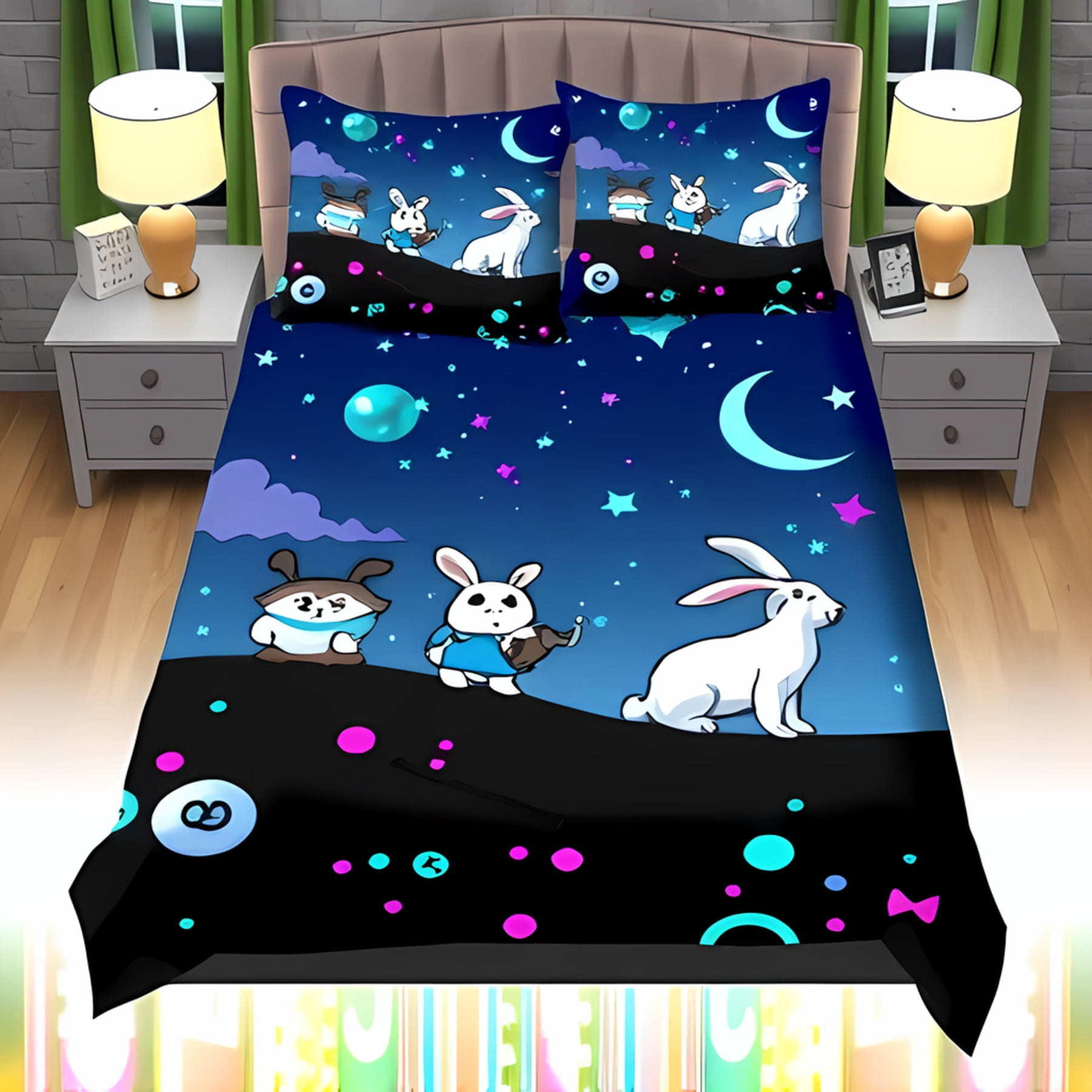 3-Piece Night Sky Duvet Cover Set with Starry Pattern & Cartoon Rabbits ...