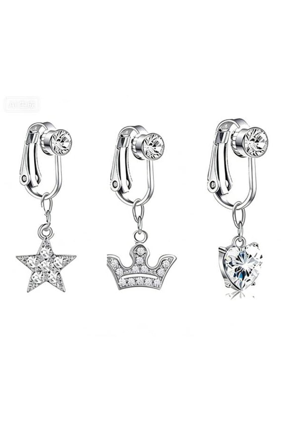 3-Piece Non-Piercing Belly Button Ring Set | Sparkling CZ Heart Crown Star Fake Navel Jewelry | Adjustable Clip-On Foot & Body Accessory for Beach Party