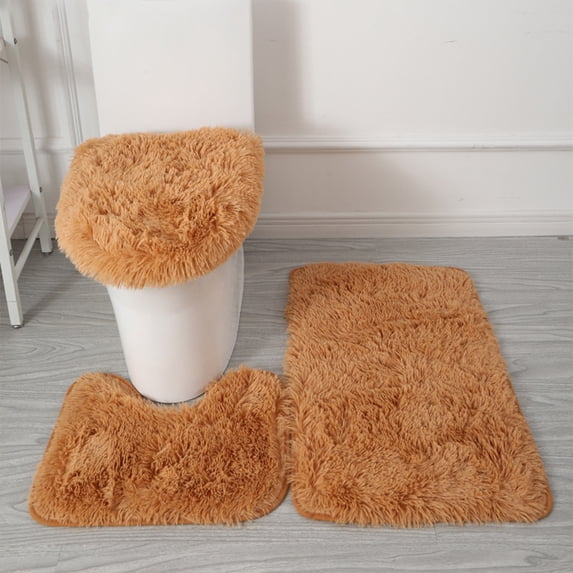 3-Piece Non-Slip Bathroom Rug Set Soft Shag Silk Bath Mat and Toilet Lid Cover Set Heavy Duty Absorbent Machine Washable Floor Carpet Decor 24x16 inch Khaki