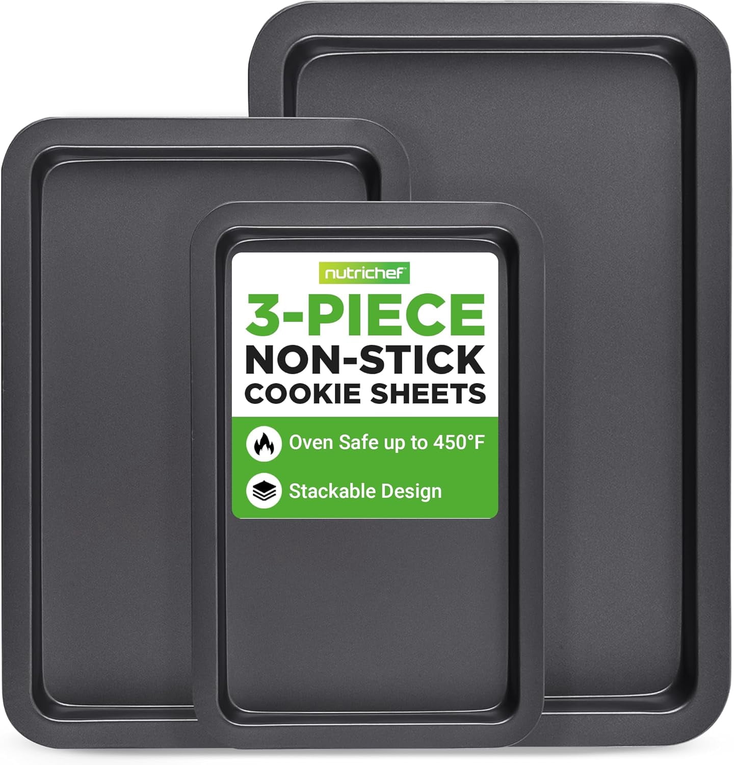 3-Piece Nonstick Baking Sheet Set – Non-Toxic Cookie Sheets for Everyday Baking – Small, Medium & Large Oven Safe Bakeware Trays – Warp-Resistant, Easy to Clean & Dishwasher Safe