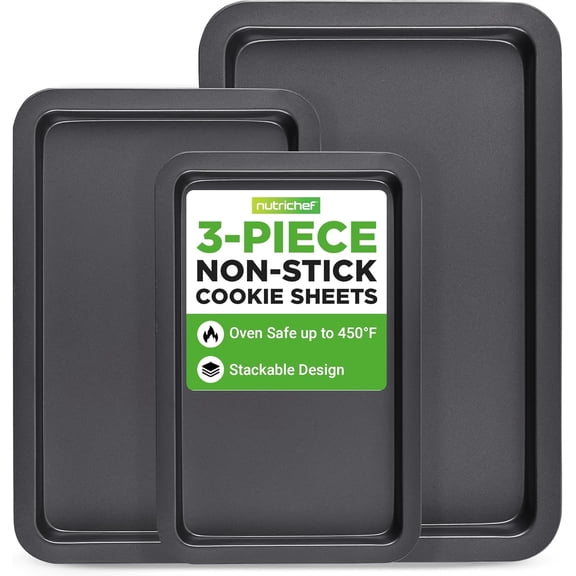 3-Piece Nonstick Baking Sheet Set  Non-Toxic Cookie Sheets for Everyday Baking  Small, Medium & Large Oven Safe Bakeware Trays  Warp-Resistant, Easy to Clean & Dishwasher Safe