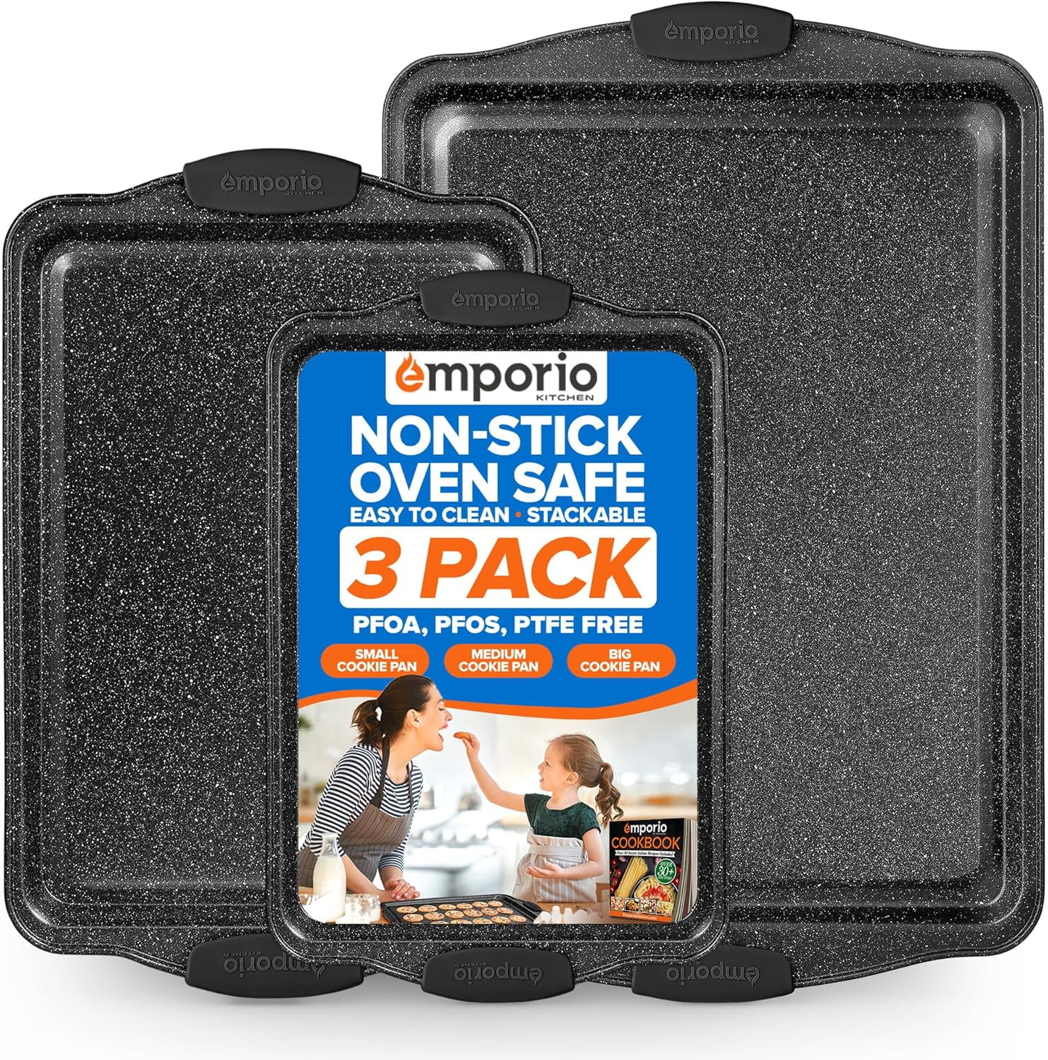 3-Piece Nonstick Carbon Steel Bakeware Set with Gray Silicone Handles – Oven Safe to 450°F, Includes Recipe Booklet