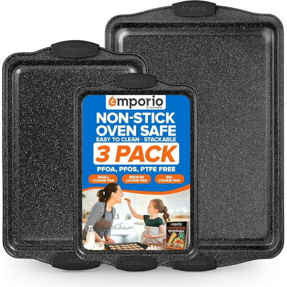 3-Piece Nonstick Carbon Steel Bakeware Set with Gray Silicone Handles  Oven Safe to 450F, Includes Recipe Booklet