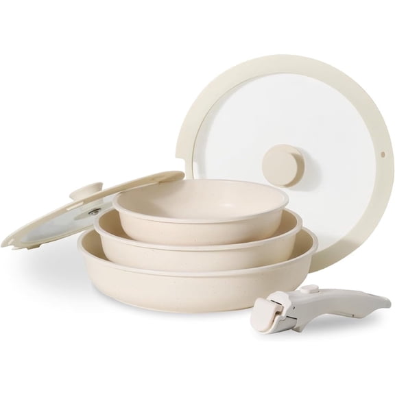 3 Piece Nonstick Frying Pan Set, Aluminum Cooking Skillet Pans with Lid and Detachable Handle, Oven Safe, Beige