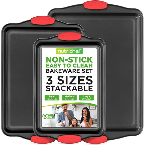 3-Piece Nonstick Kitchen Oven Baking Pans - Premium & Stylish Non-Stick Steel, Commercial Grade Restaurant Quality Metal Bakeware with Red Silicone Handles - Easy to Clean, NCSBS3S