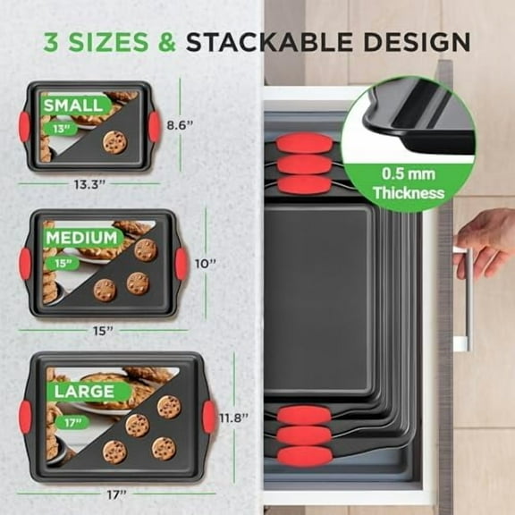 3-Piece Nonstick Kitchen Oven Baking Pans - Premium & Stylish Non-Stick Steel, Commercial Grade Restaurant Quality Metal Bakeware with Red Silicone Handles - Easy to Clean, NCSBS3S