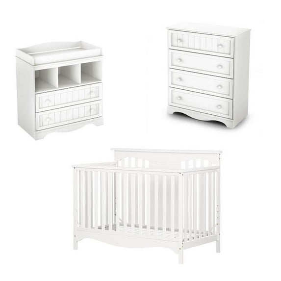 3 Piece Nursery Crib Dresser and Changing Table Set in Pure White