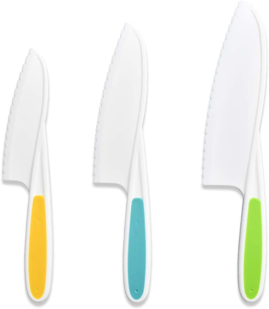 Lingouzi 3 Piece Kids Kitchen Baking Knife Set, Safe to Use, Firm Grip, Serrated Edges, Kids Knife, Protects Little Chef's , Perfect for Cutting Food