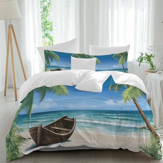 3 Piece Ocean Beach Duvet Cover Set California King,Microfiber Comforter/Quilt Cover with Corner Ties and 2 Pillowcases,Blue Coastal Palm Tree Nautical Sailboat All Season Bedding with Zipper Closure
