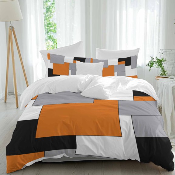 3 Piece Orange Black Grey Duvet Cover Set California King,Microfiber Comforter/Quilt Cover with Corner Ties and 2 Pillowcases,Middle Century Irregular Geo Abstract Art Bedding with Zipper Closure