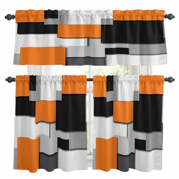 3 Piece Orange Black Patchwork Kitchen Curtain Valance and Tiers Set Abstract Retro Art Rod Pocket Tier Curtain 24 Inch Small Window Drapes for Living Room Bedroom Cafe Home Decor