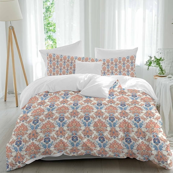 3 Piece Orange Blue Geometric Duvet Cover Set Twin Size, Microfiber Comforter/Quilt Cover with Corner Ties and 2 Pillowcases, Southwest Ethnic Country All Season Soft Bedding with Zipper Closure