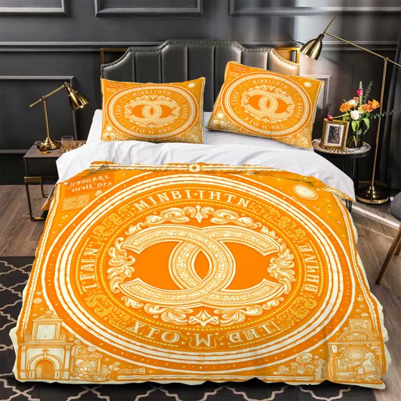 3-Piece Orange Duvet Cover Set with Intricate Central Pattern & Matching Pillows - Modern Stylish Bedding for a Chic Bedroom