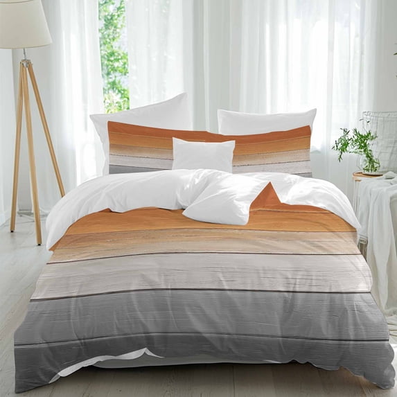 3 Piece Orange Gray Duvet Cover Set California King,Microfiber Comforter/Quilt Cover with Corner Ties and 2 Pillowcases,Farmhouse Retro Gradient Wooden Grain All Season Bedding with Zipper Closure