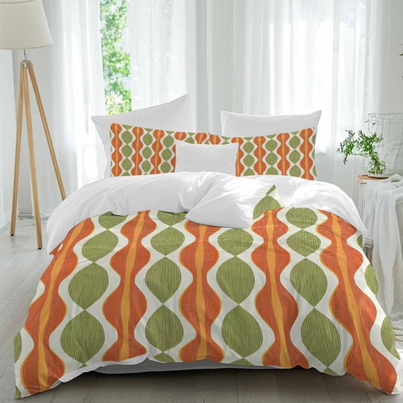 3 Piece Orange Green Geometric Duvet Cover Set California King,Microfiber Comforter/Quilt Cover with Corner Ties and 2 Pillowcases,Abstract Moire Modern Vintage All Season Bedding with Zipper Closure