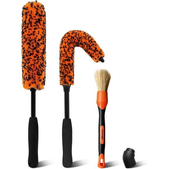 3 Piece Orange Microfiber Car Wheel Rim and Detailing Brush Kit for Professional Daily Use