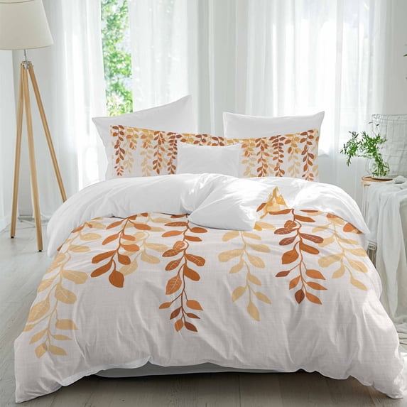 3 Piece Orange Ombre Botanical Duvet Cover Set California King,Microfiber Comforter/Quilt Cover with Corner Ties and 2 Pillowcases,Watercolor Country Leaf Rustic Soft Bedding with Zipper Closure